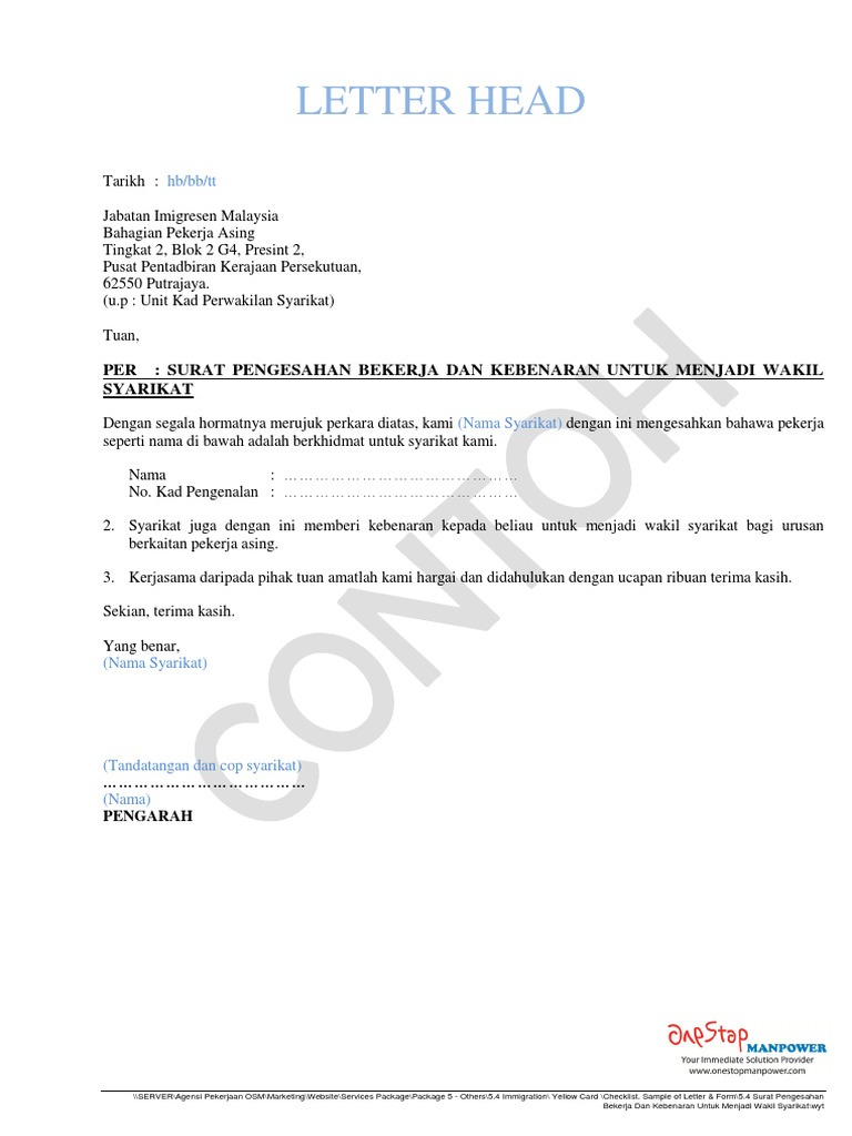 5 4 Surat Pengesahan Bekerja Dan Kebenaran Untuk Menjadi Wakil Syarikat Pdf