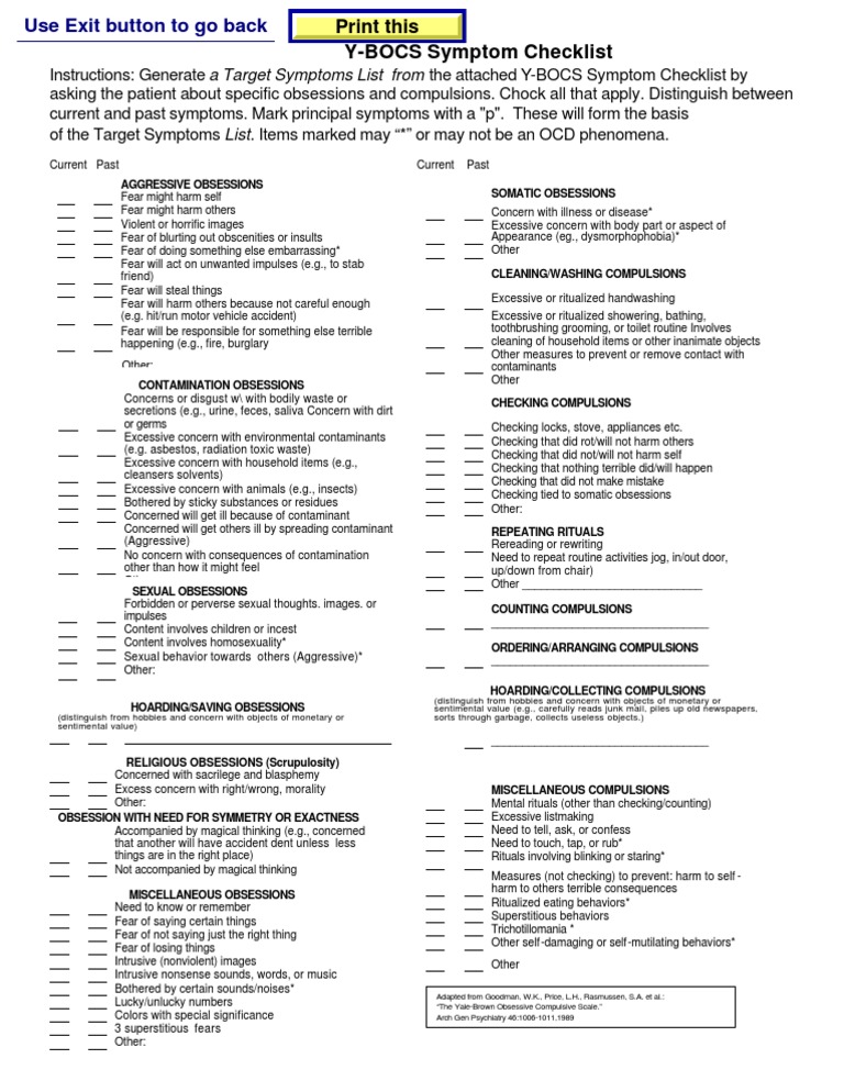 YBOCSymptom Checklist | PDF | Obsessive–Compulsive Disorder | Medical ...