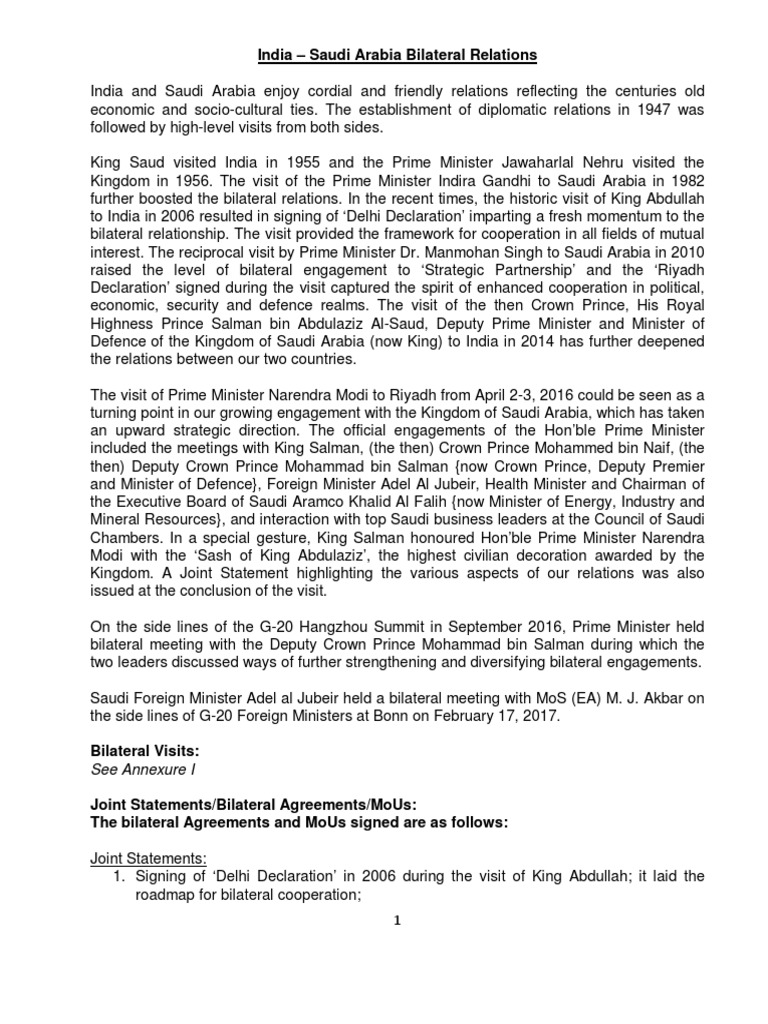 India And Saudi Arabia Bilateral Ties PDF Salman Of Saudi Arabia