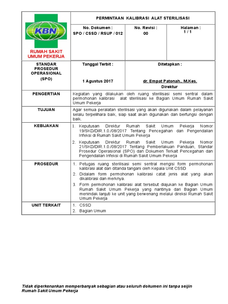 SPO - cssd.RSUP.012. Permintaan Kalibrasi Alat Sterilisasi | PDF
