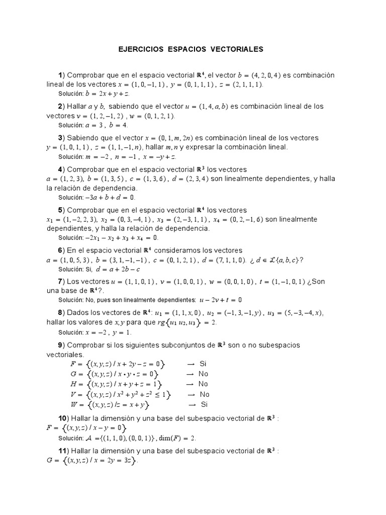 Ejercicios Espacios Vectoriales | PDF | Base (álgebra lineal) | Espacio ...