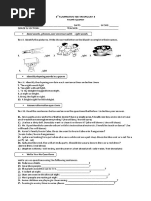 4th Quarter Summative Tests w Tos