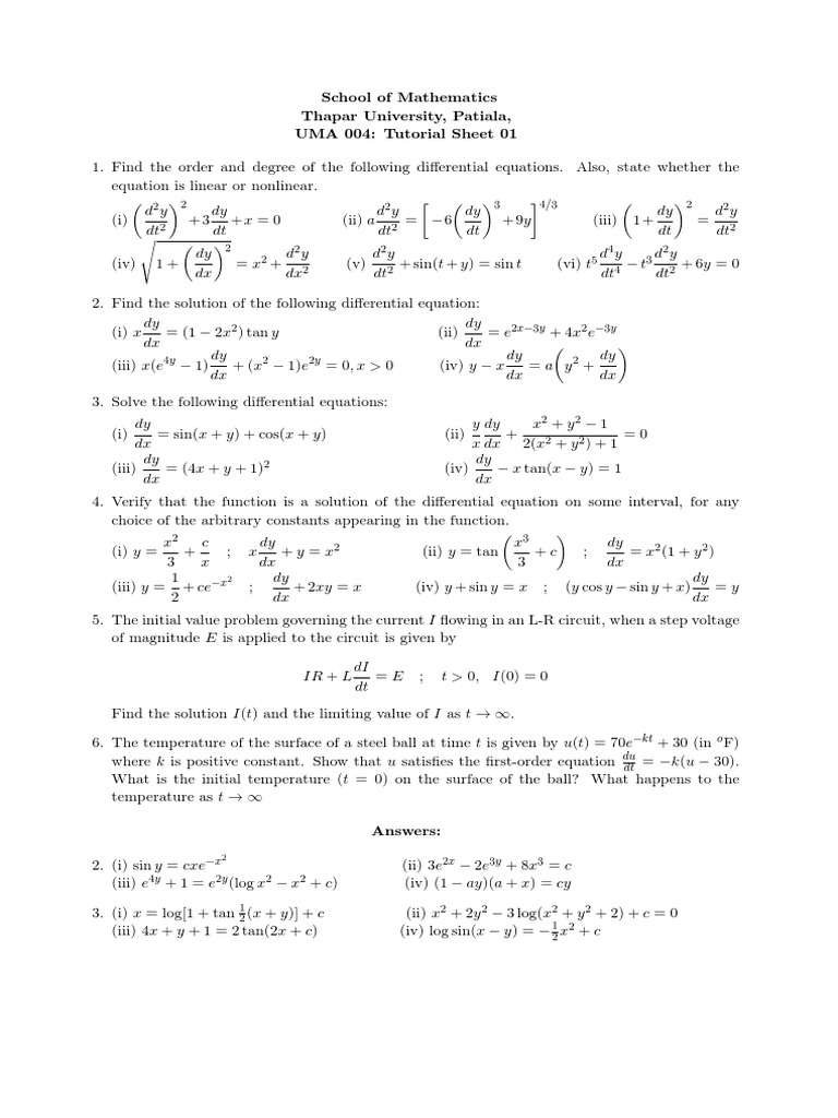 Differential Equations Tutorial Sheet | PDF | Ordinary Differential ...