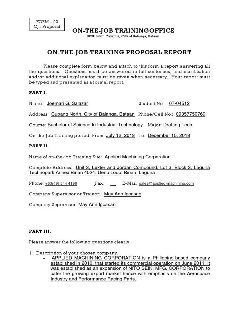 Ojt-Manual Format Final | PDF | Attitude (Psychology) | Employment