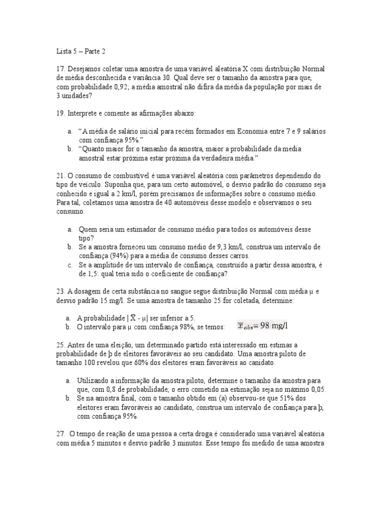 Exerci C Iost Estes Desvio Padrao Intervalo De Confianca