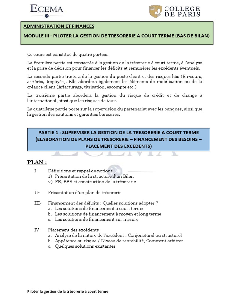 Tresorerie A Court Terme Partie1 Fonds De Roulement Leasing
