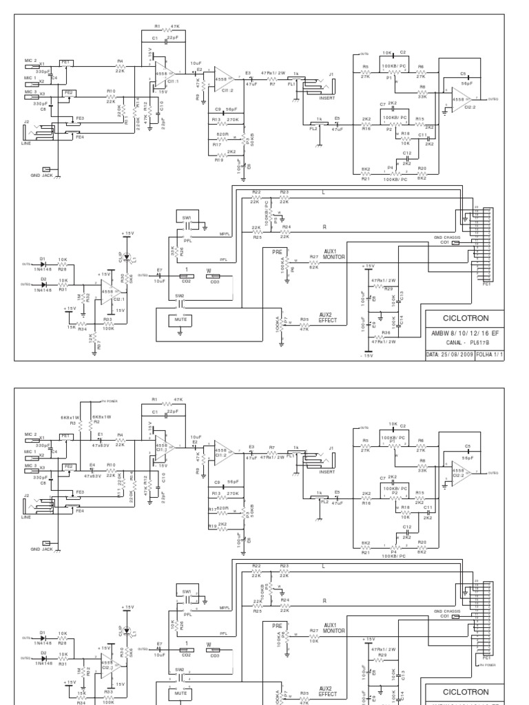 Audio mixer circuit diagram with multiple microphones, filters, and