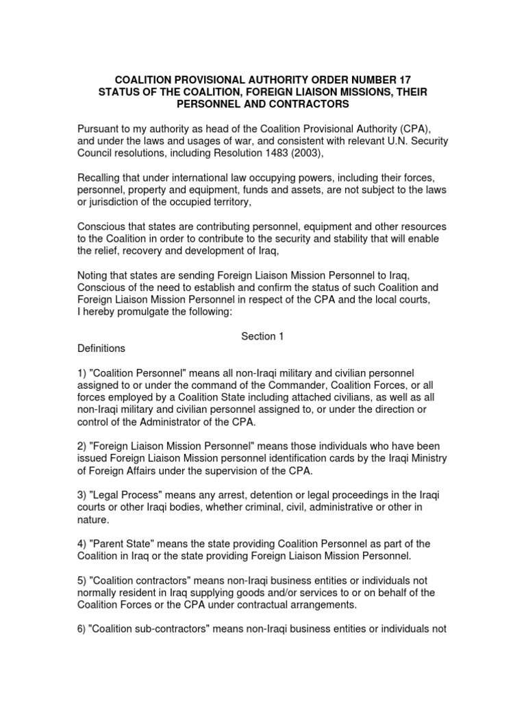 Cpa Order 17 Sofa PDF Coalition Provisional Authority Sovereign