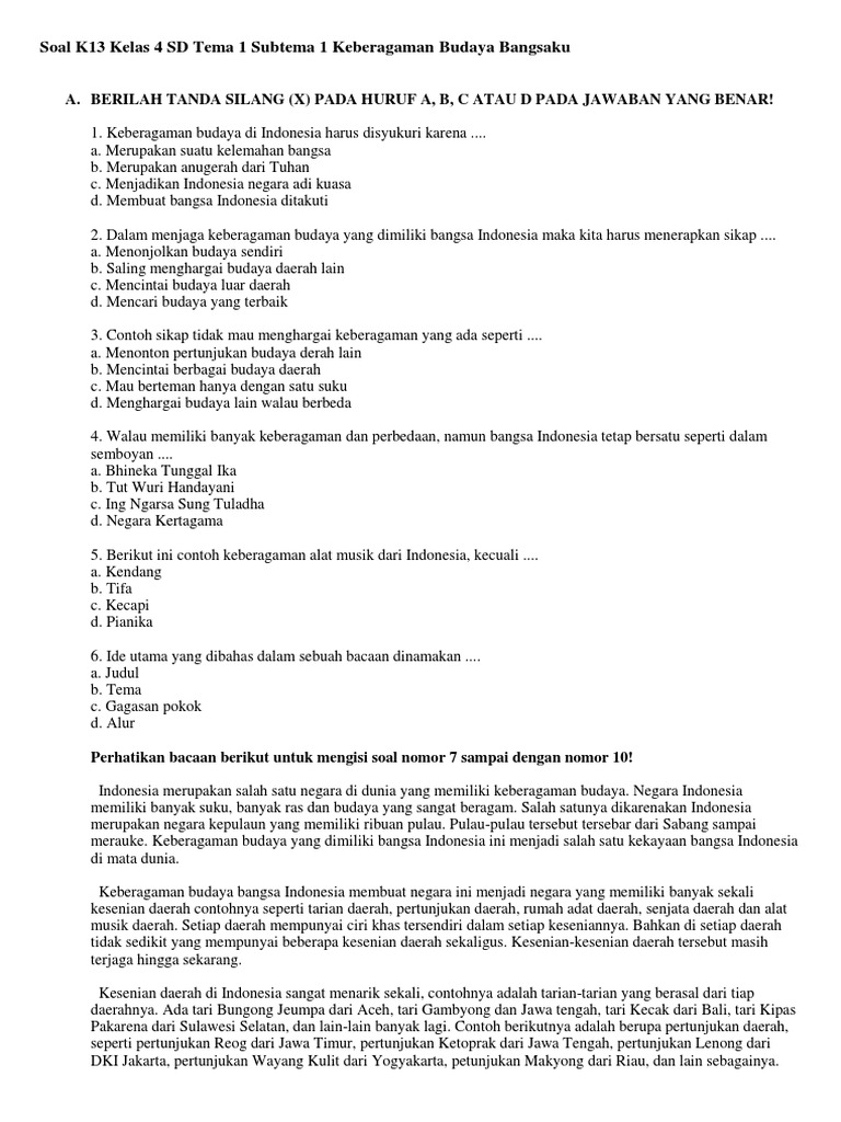 Soal K13 Kelas 4 Sd Tema 1 Subtema 1 Keberagaman Budaya Bangsaku Docx