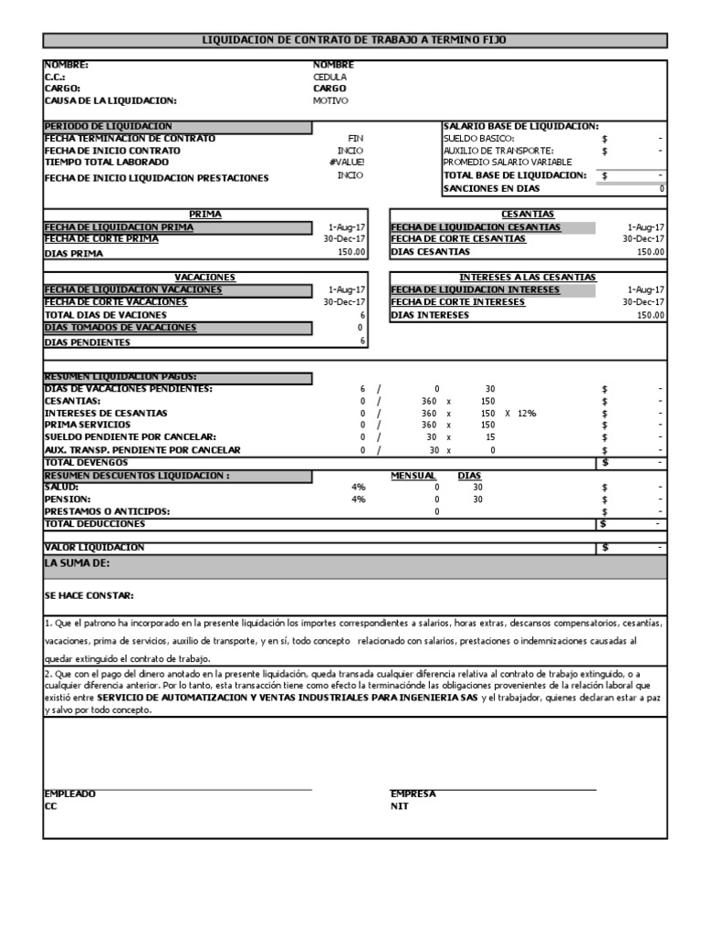 Liquidacion De Contrato De Trabajo A Termino Fijo Sociedad De