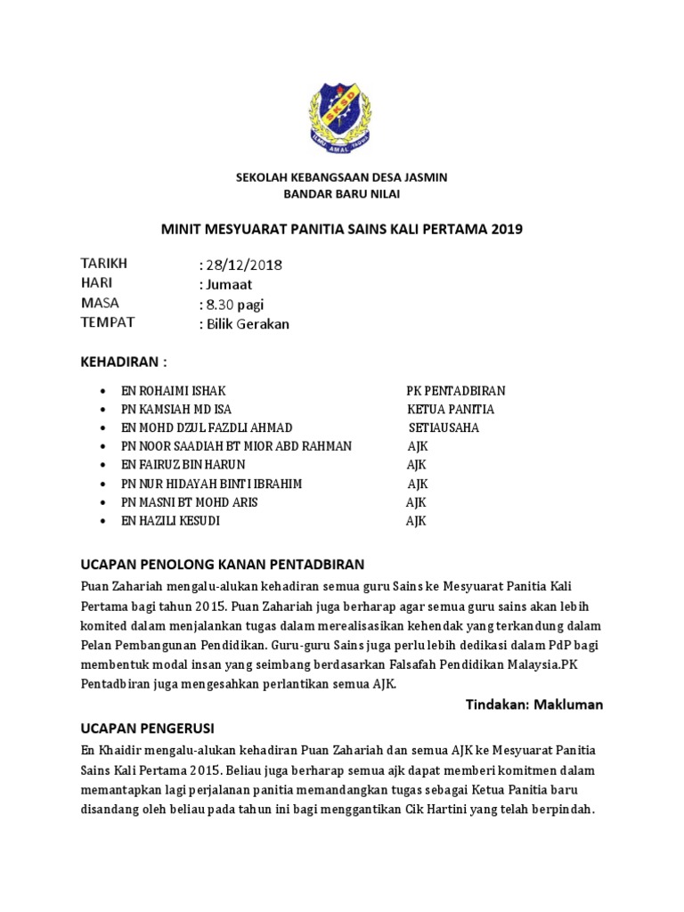 Minit Mesyuarat Panitia Sains Kali Pertama