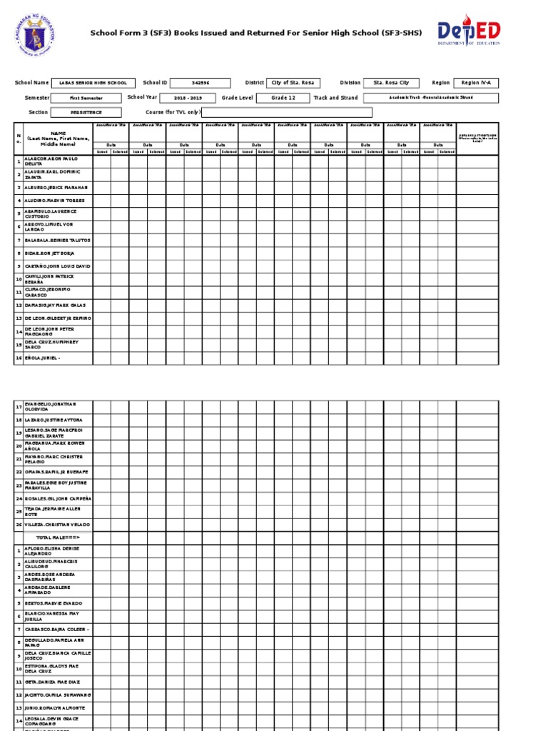 SF3 Book Issuance Record for SHS | PDF