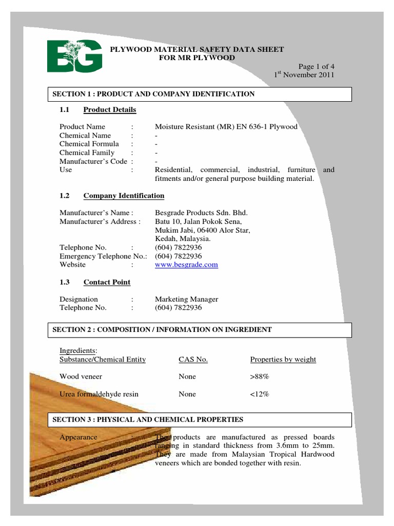 Plywood Material Safety Data Sheet for MR Plywood.pdf Plywood