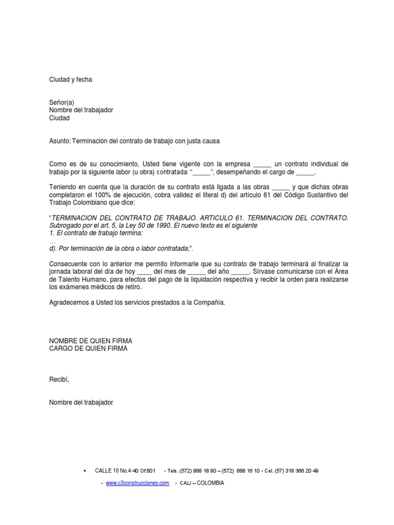 Carta de Terminación Contrato de Duracion Por Obra o Labor
