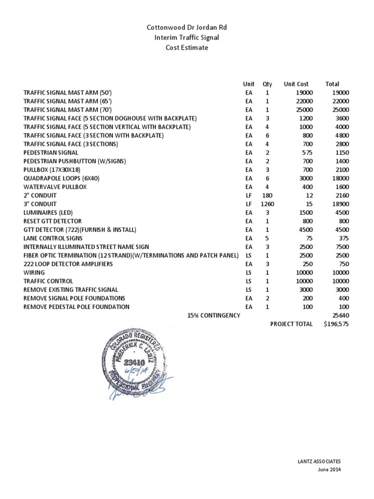 Cottonwood DR Jordan RD Interim Traffic Signal Cost Estimate PDF Electrical Engineering