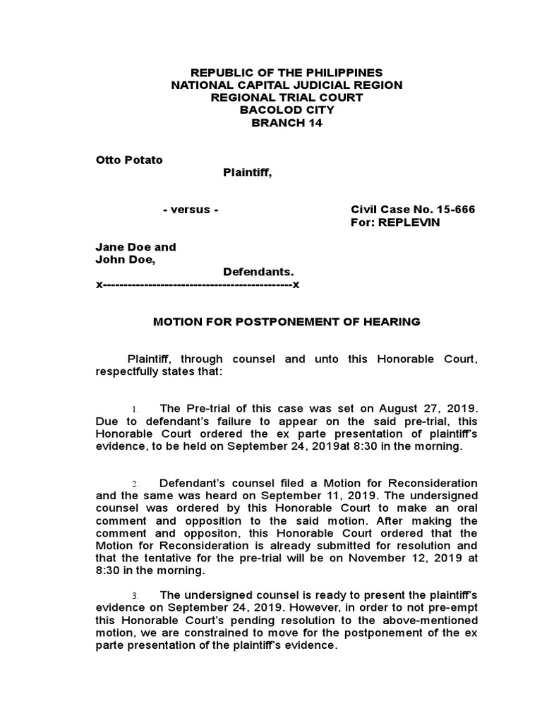 Motion for Postponement of Hearing | PDF | Ex Parte | Legal Procedure
