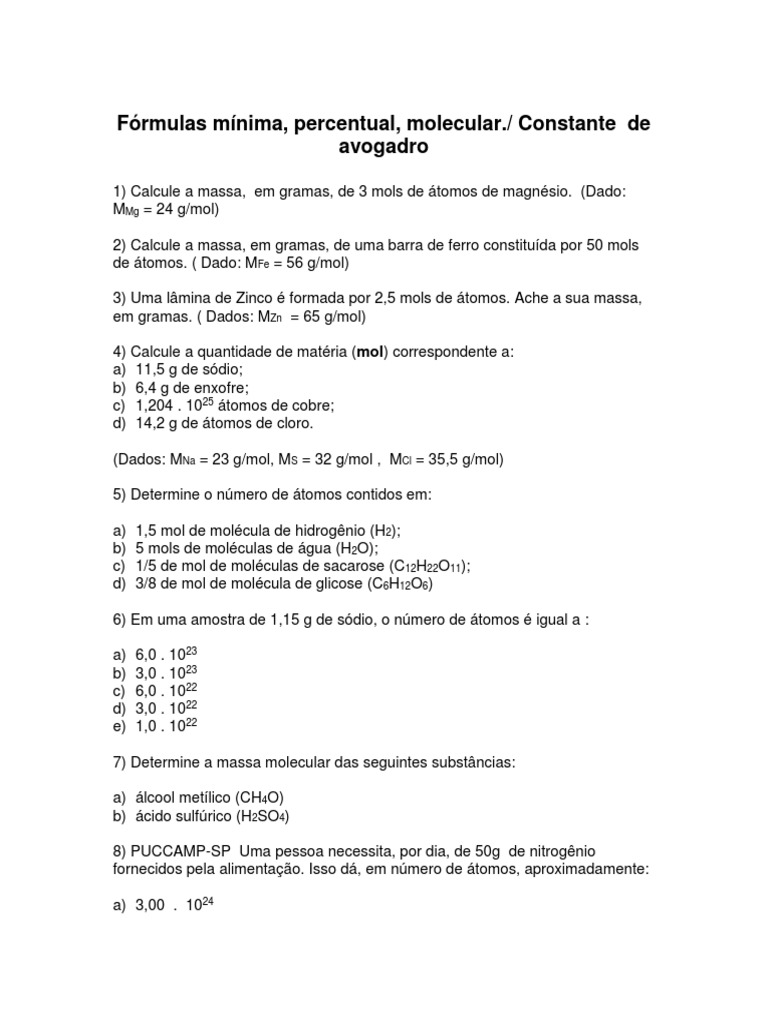 Cálculos envolvendo fórmulas químicas, massa molecular, quantidade de ...