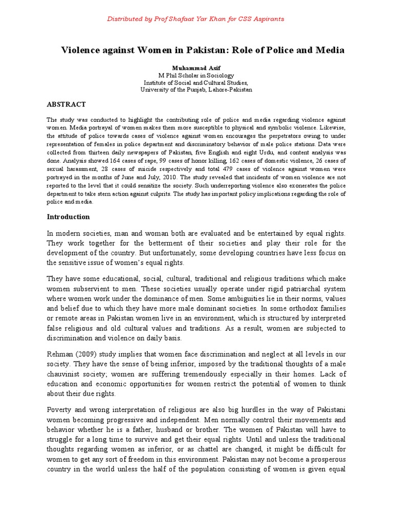 Violence Against Women in Pakistan Role of Police and Media CAST | PDF ...