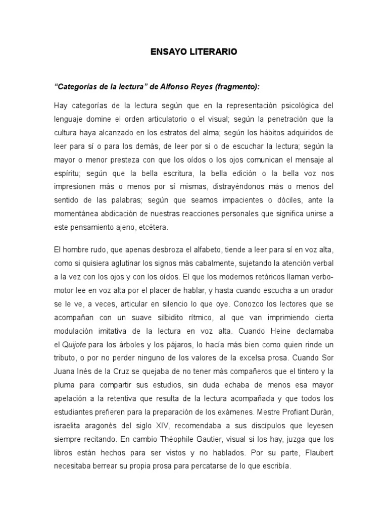 Ensayo Literario “Categorías de la lectura” de Alfonso Reyes (fragmento) Ensayos Amor