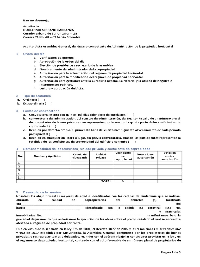 Formato Acta de Asamblea Propiedad Horizontal | PDF | Condominio | Gobierno