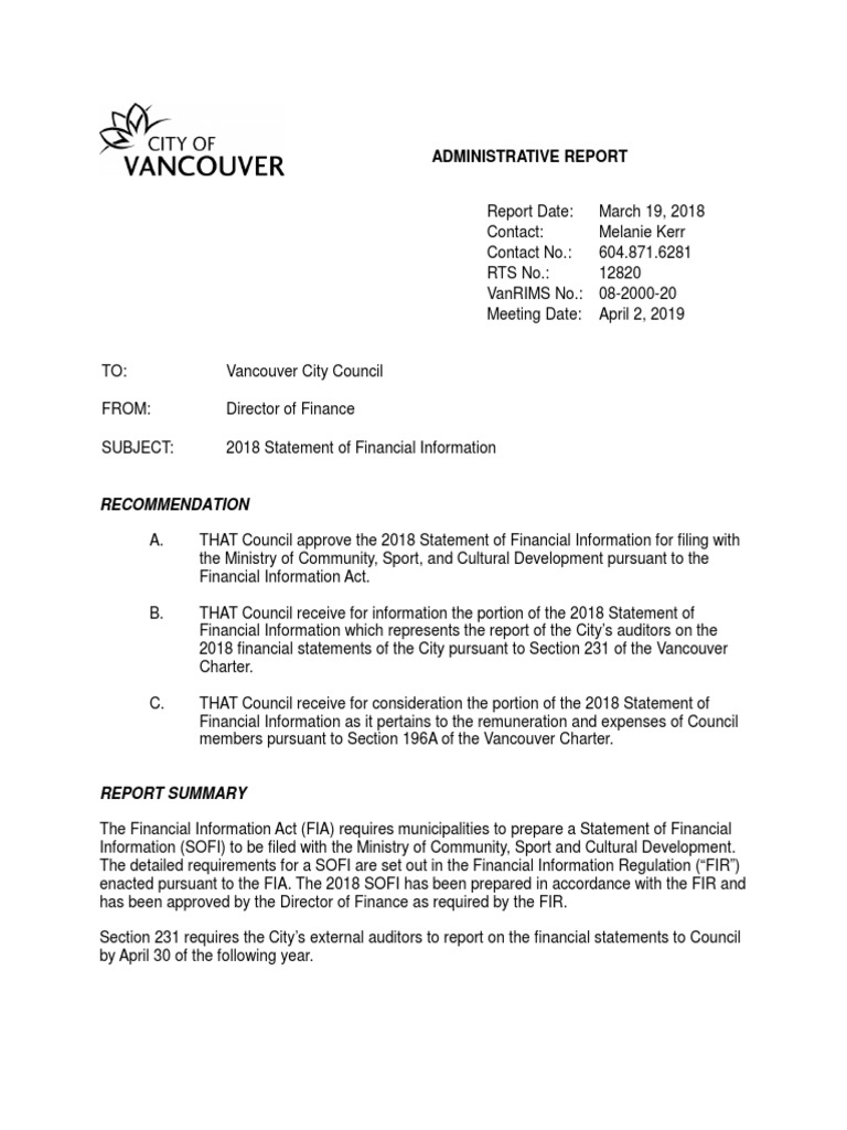 2018 City of Vancouver Financial Statements, PDF, Going Concern