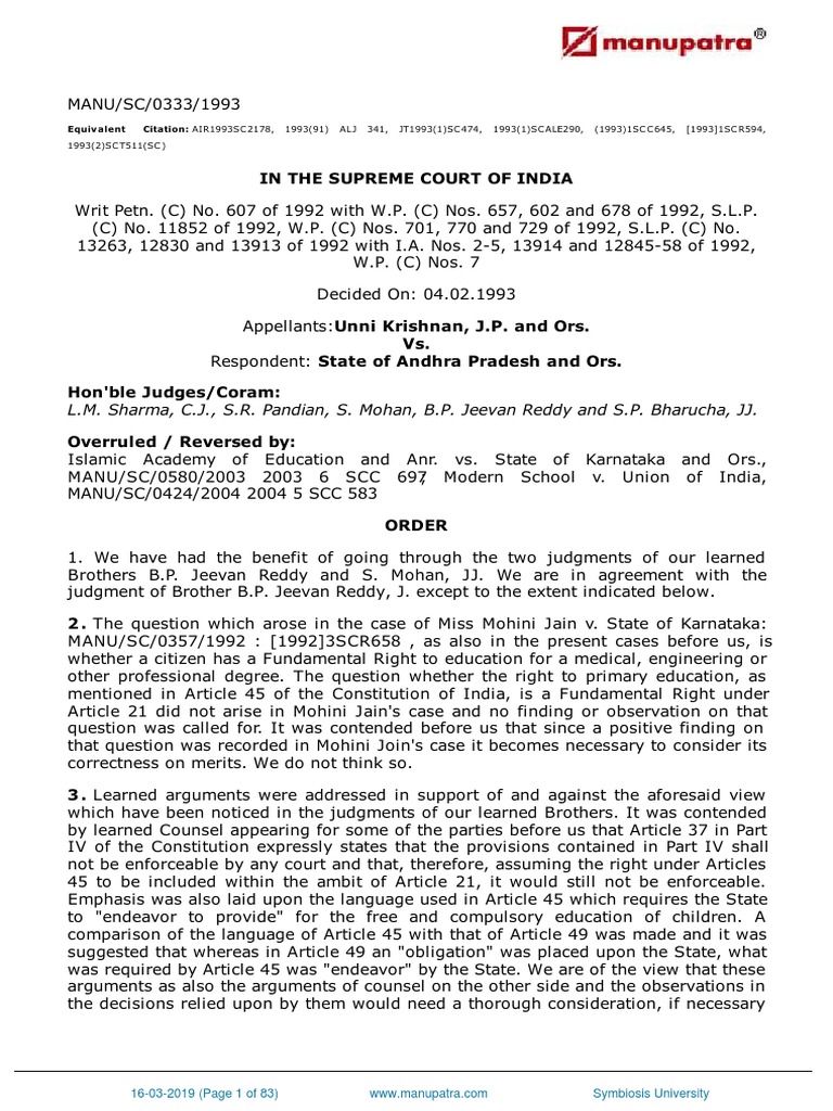 Unni Krishnan JP and Ors Vs State of Andhra
