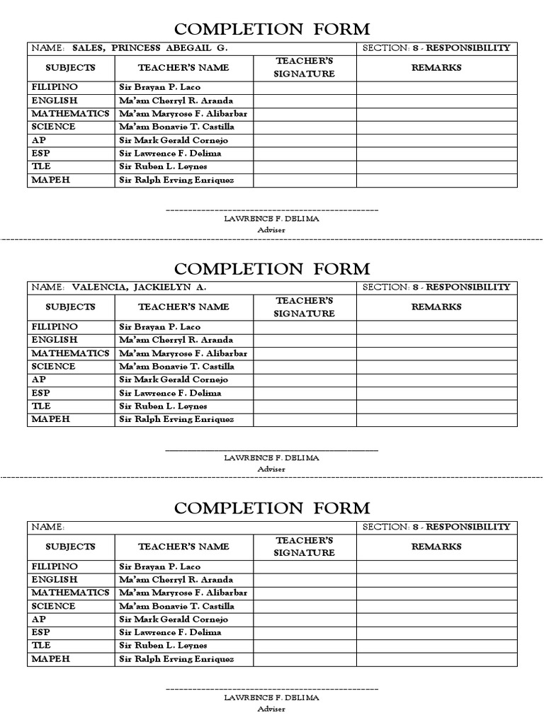 Student Completion Form Template | PDF