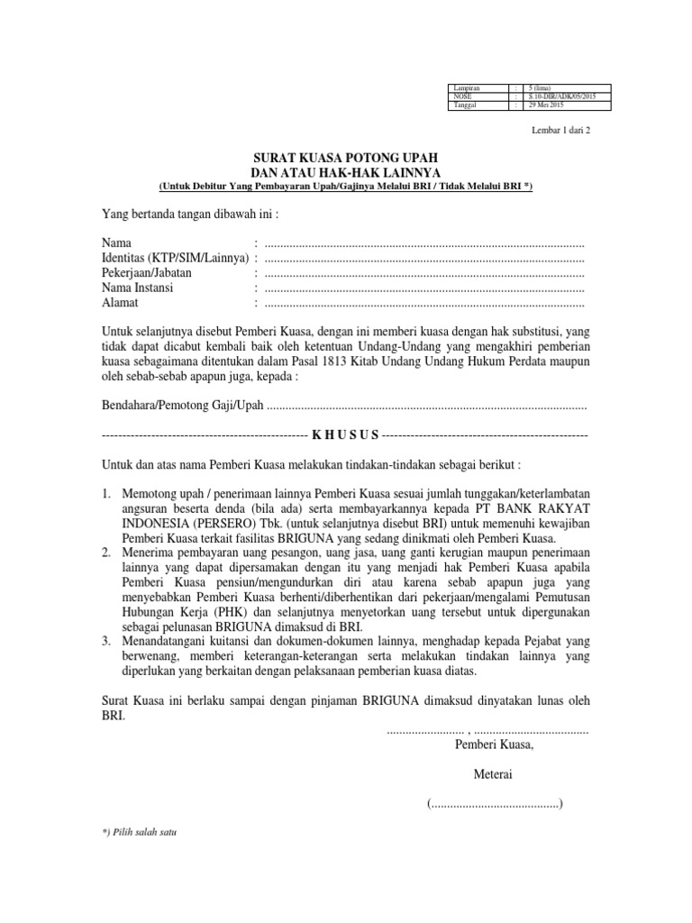 Surat Kuasa Potong Upah Bri