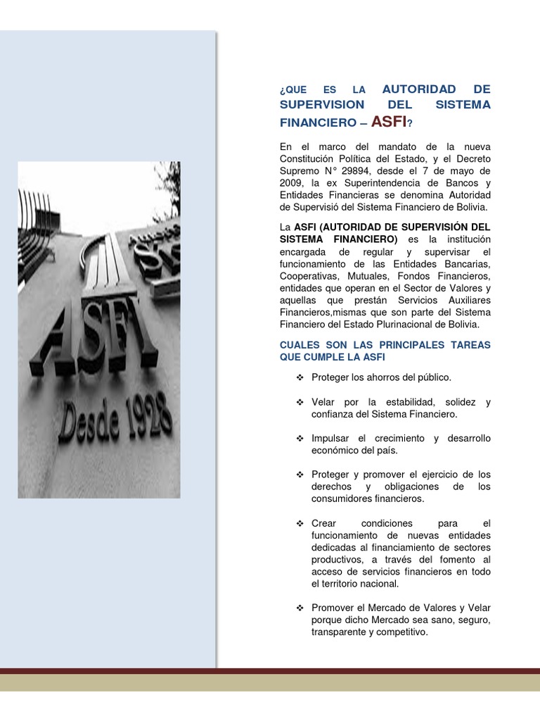 Funciones de la ASFI en Bolivia | PDF | Sistema financiero | Bancos