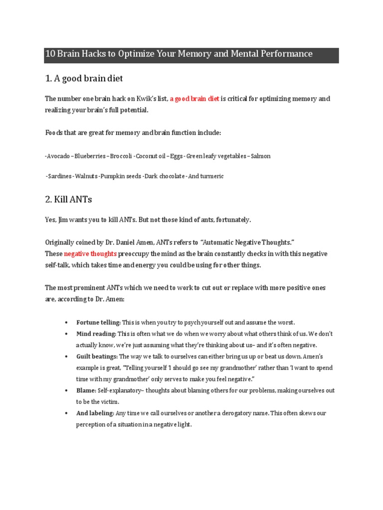 10 Brain Hacks To Optimize Your Memory and Mental Performance | PDF ...