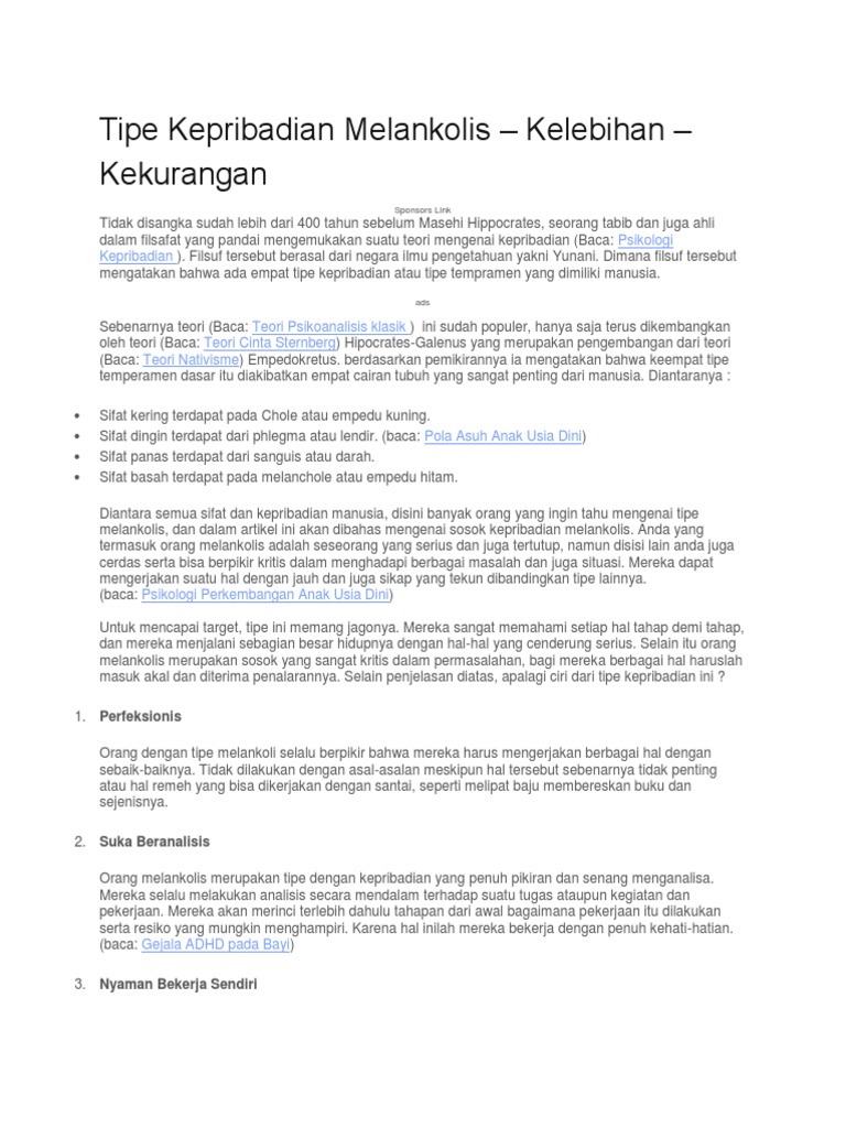 Tipe Kepribadian Melankolis | PDF