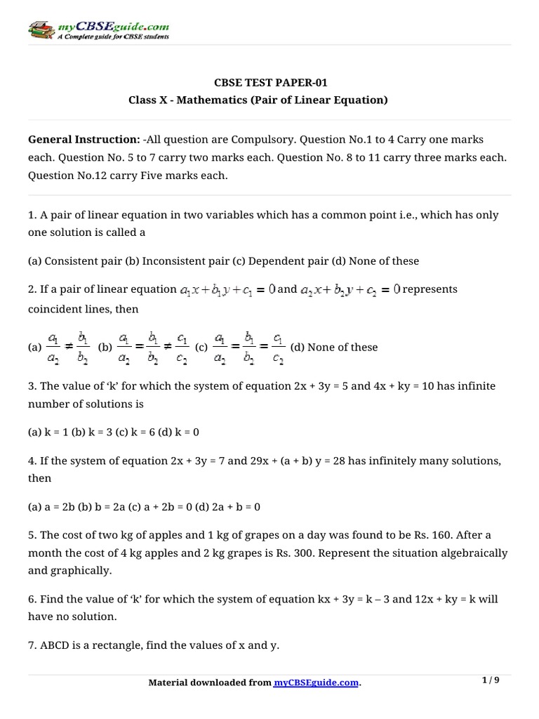 Class 10 Maths: Linear Equations Test | PDF | Equations | Mathematical ...