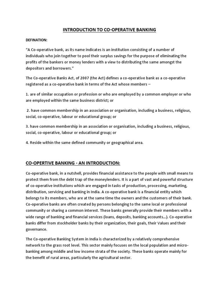 INTRODUCTION TO CO Operative PDF Cooperative Banks