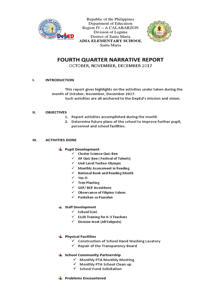Adia Elementary School Q4 Report 2017 | PDF | Behavior Modification ...