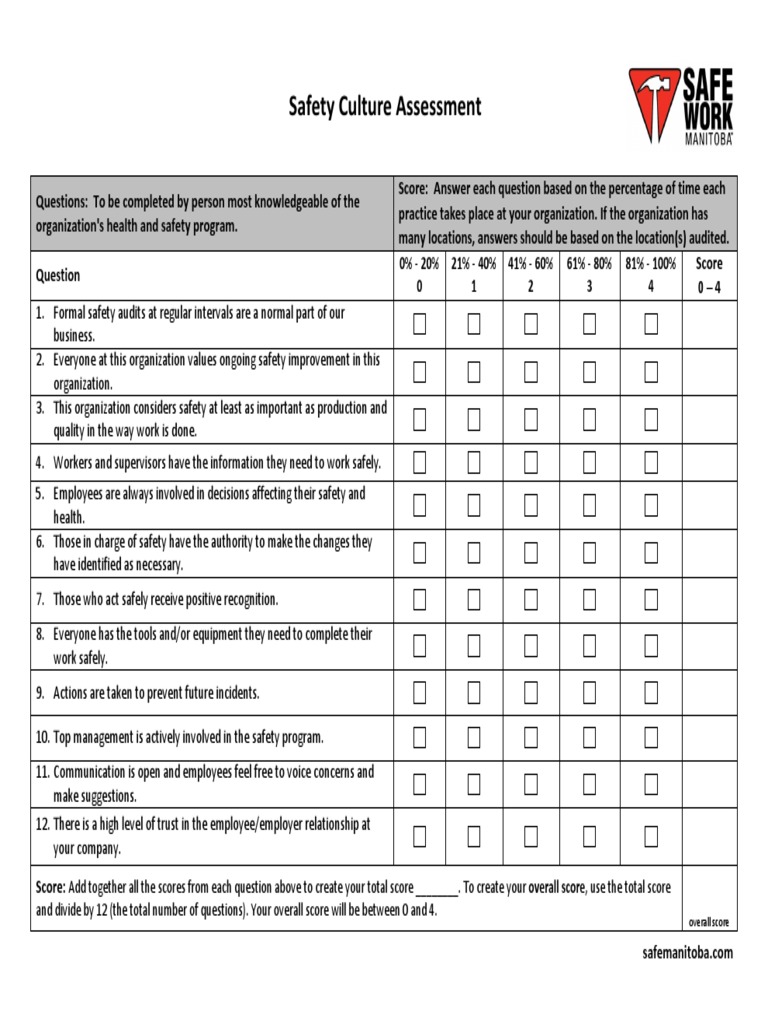 Safety Culture Assesment PDF Occupational Safety And Health