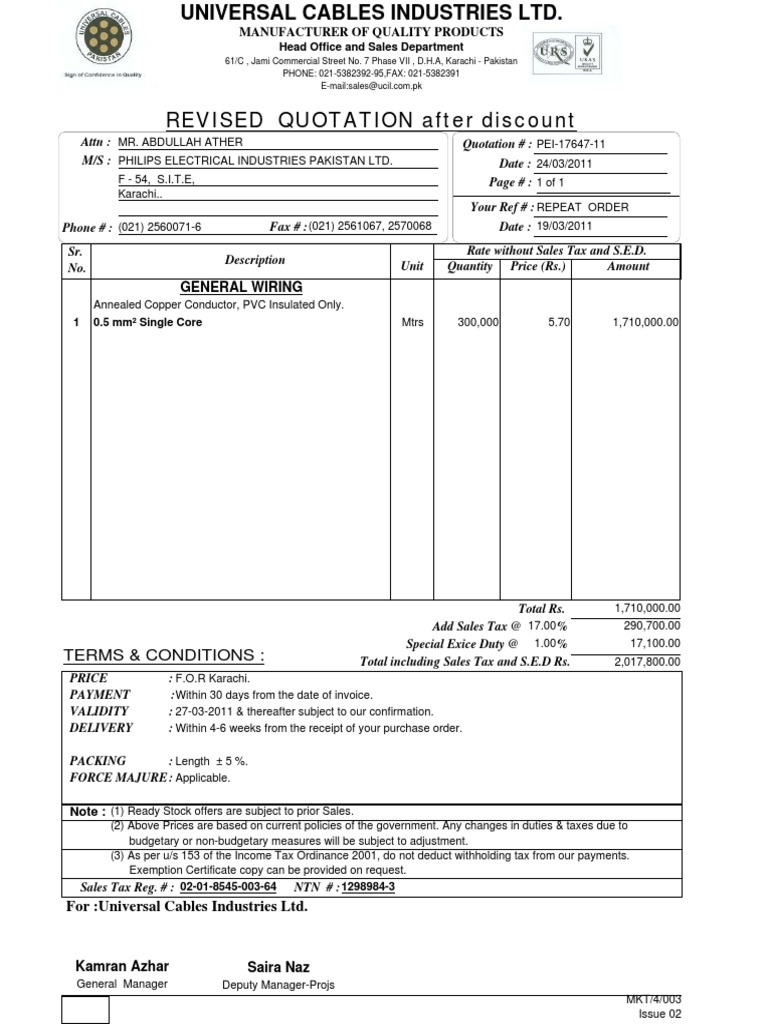 REVISED QUOTATION After Discount General Wiring PDF Payments