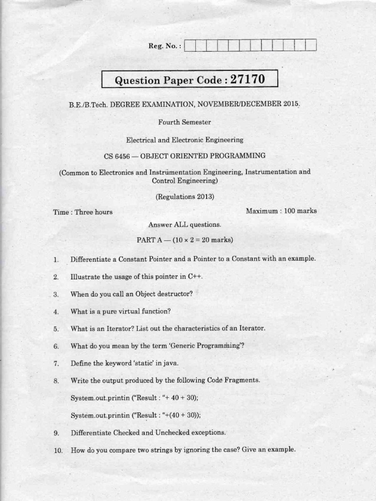 Object Oriented Programming Examination Questions on C++, Java and ...