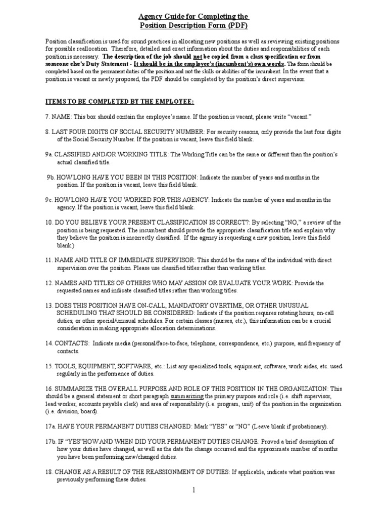 Agency Guide For Completing The Position Description Form PDF PDF Supervisor Employment
