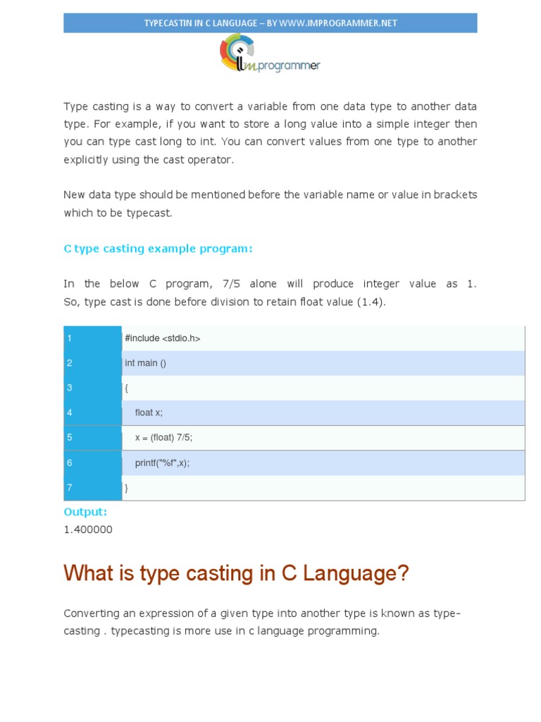 Type Casting In C Language Pdf Data Type Notation