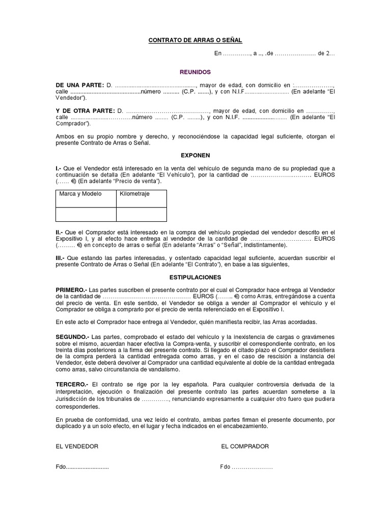 Modelo Contrato Compra Venta Coche segunda mano Pago