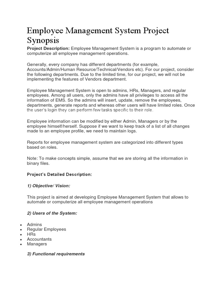 Employee Management System Project Synopsis | PDF | User (Computing) | User  Interface