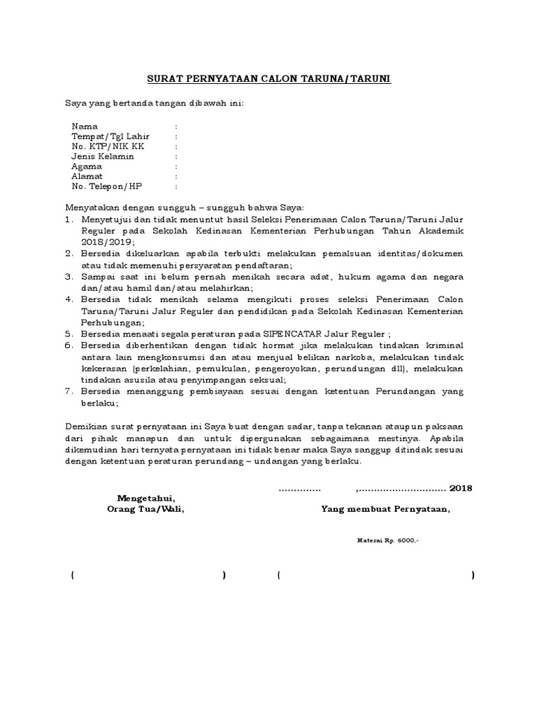Surat Pernyataan Taruna Taruni Jalur Reguler Beriman dan bertaqwa kepada Tuhan Yang Maha Esa.
