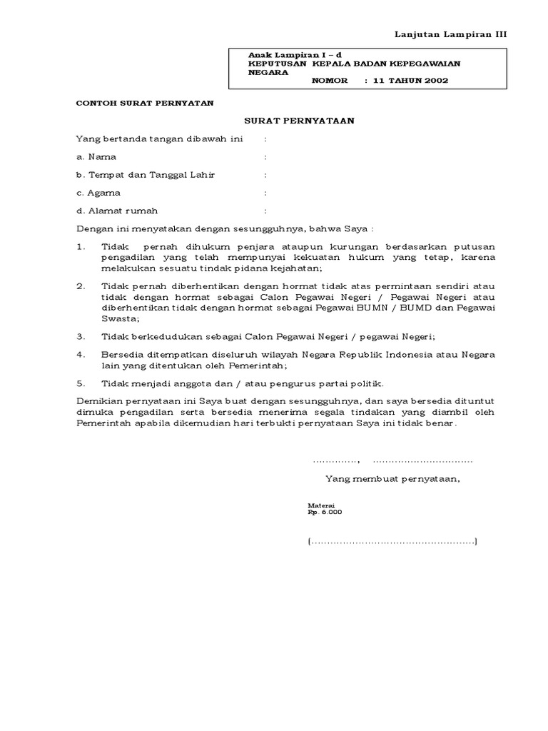 Contoh Surat Pernyataan Tidak Pernah Dihukum Penjara Cpns 2018 Docx