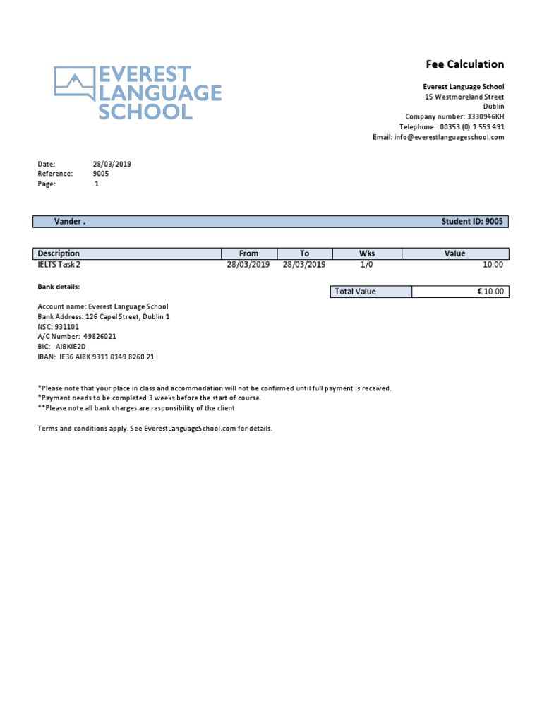 Fee Calculation: Everest Language School | PDF