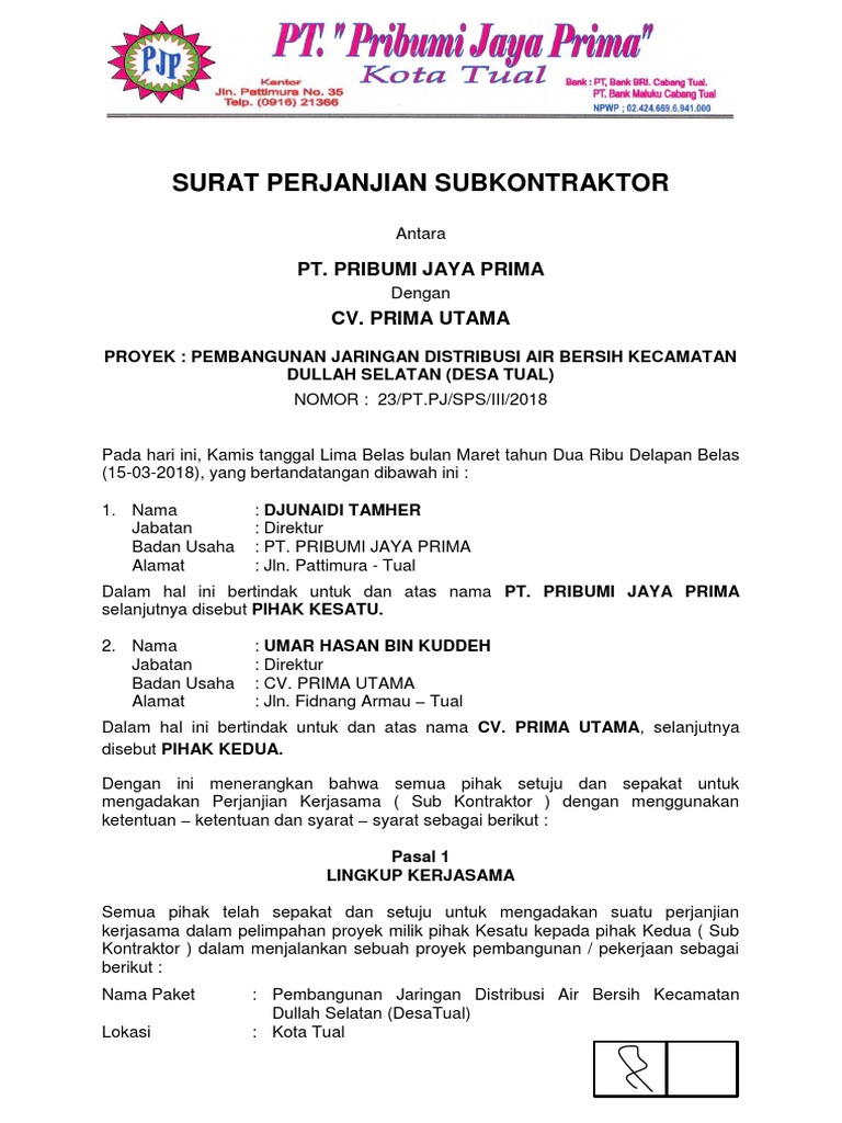 Surat Perjanjian Subkontraktor Docx