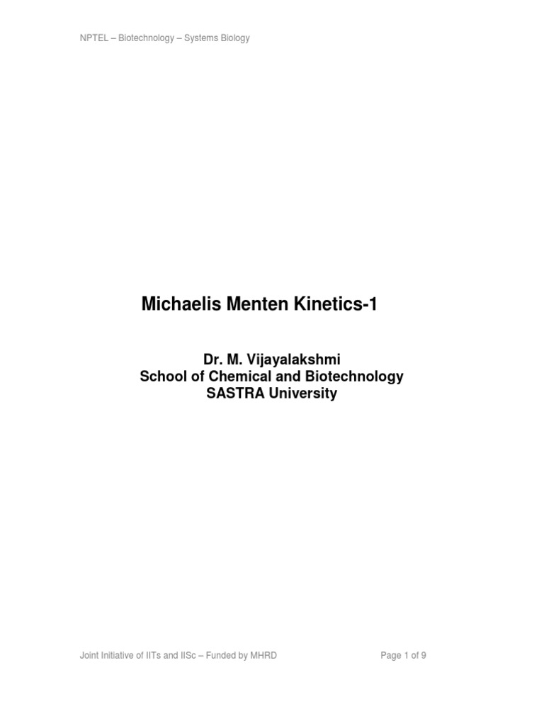 Michaelis Menten Equation PDF Enzyme Unit Processes