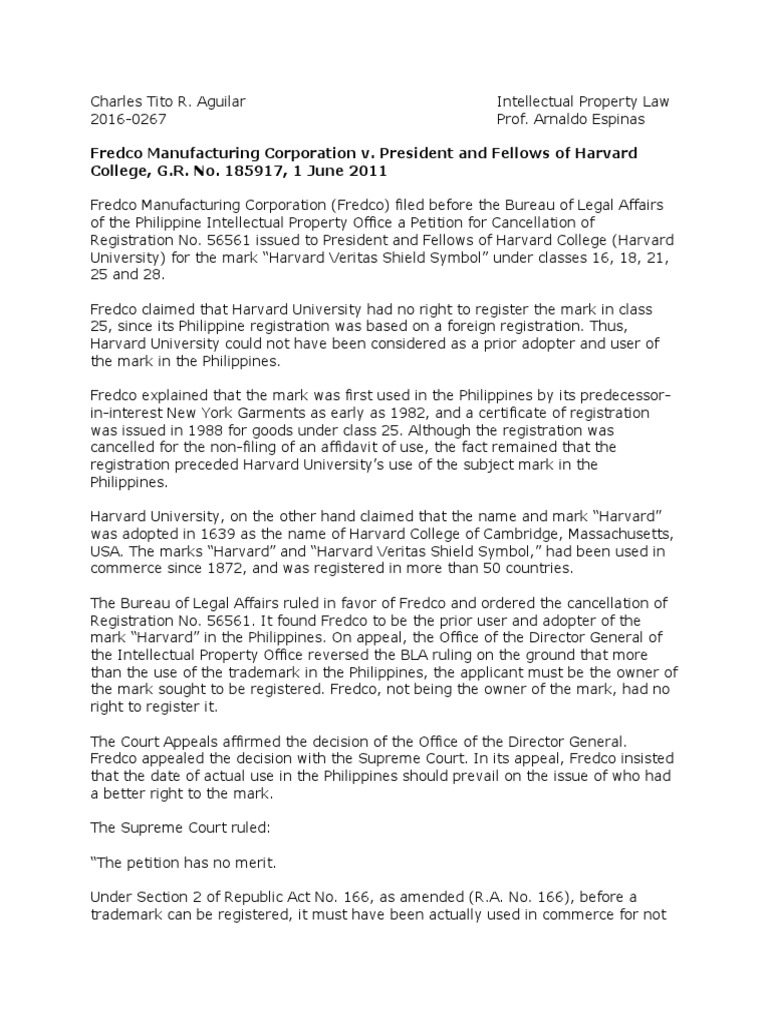 Intellectual Property Law Case Summaries | PDF | Trademark | Treaty