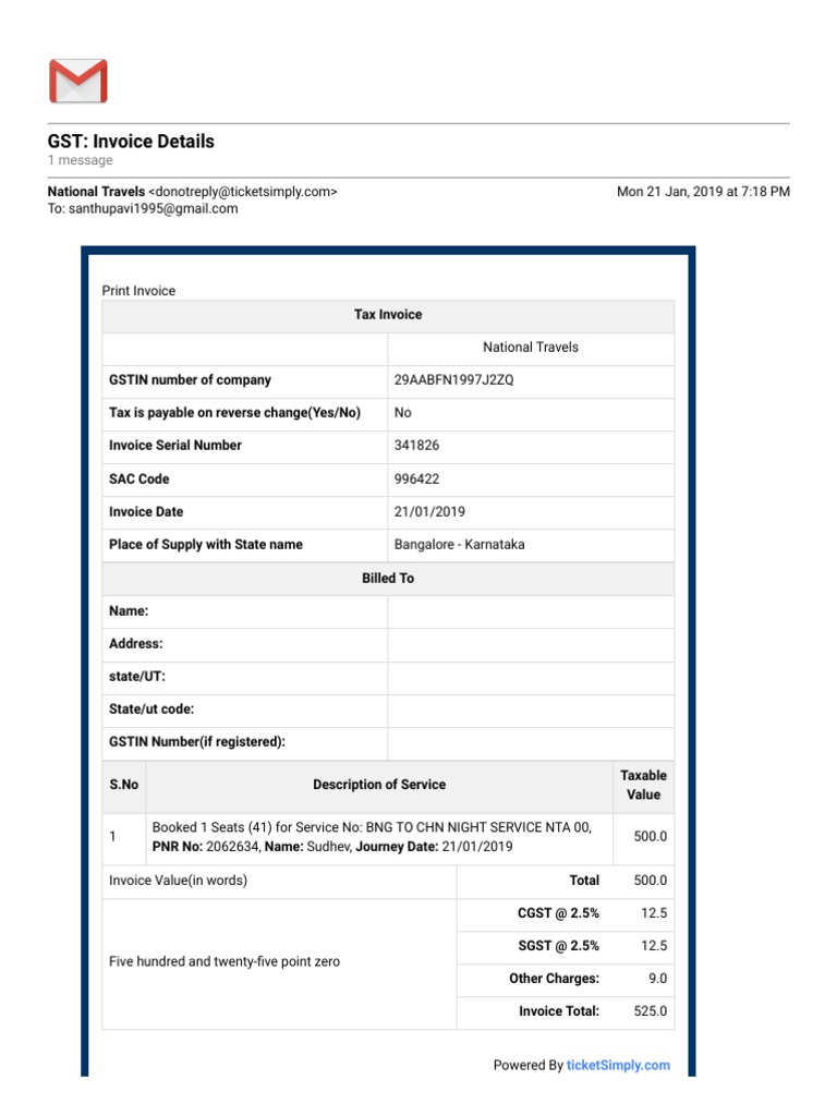 National Travels GST Invoice Details | PDF