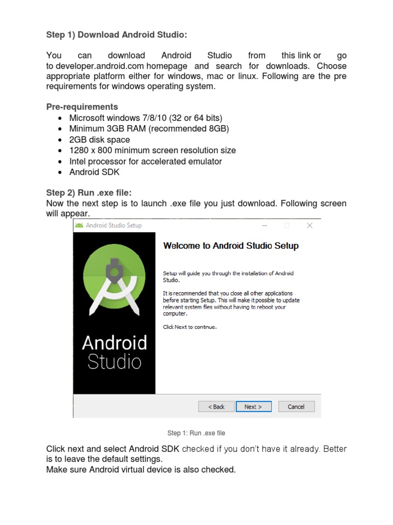 Step 1) Download Android Studio:: Step 1: Run .Exe File | PDF | Android  (Operating System) | Screenshot
