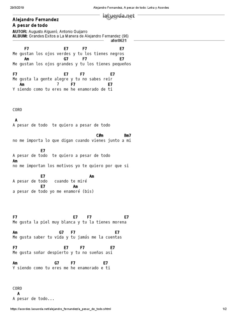 Alejandro Fernandez, A Pesar de Todo Letra y Acordes PDF